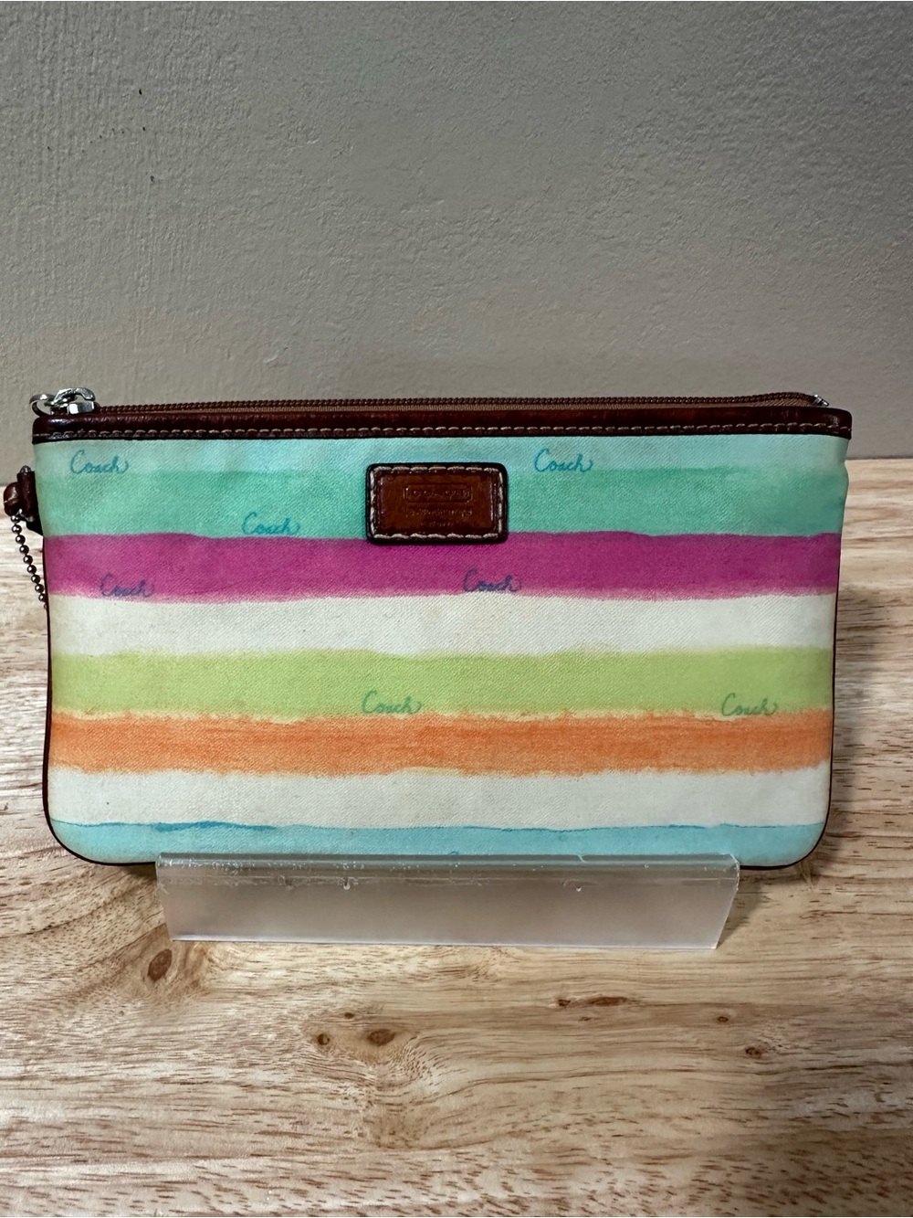Coach Striped Multicolor Canvas Wristlet with Brown Leather Trim - Picture 5 of 15